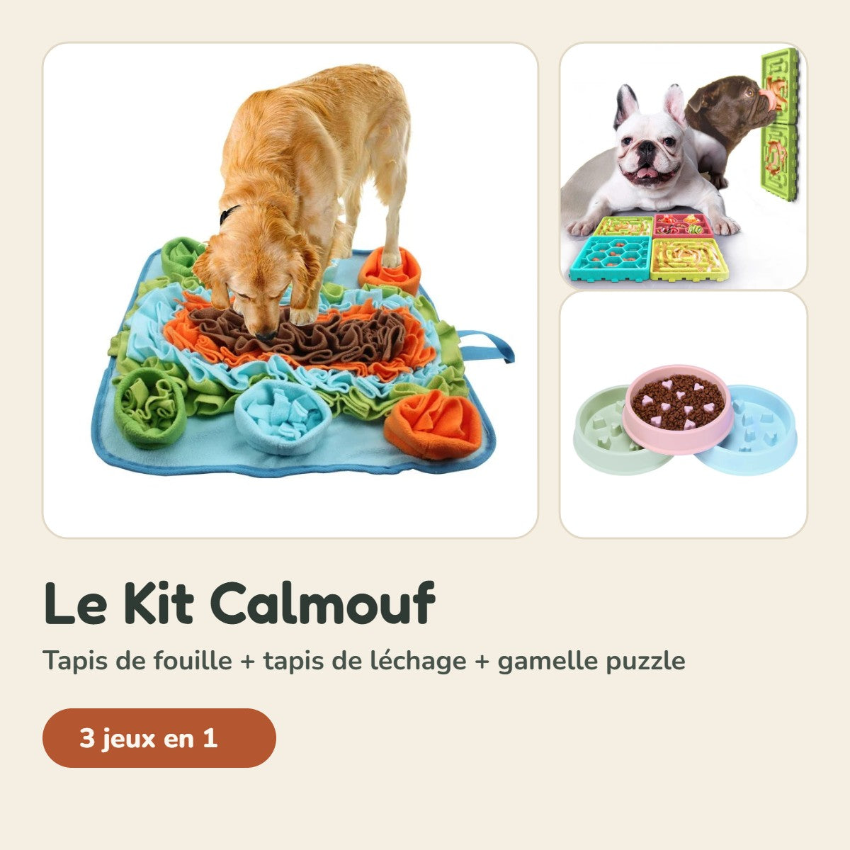 Le Kit Calmouf : tapis de fouille, tapis de léchage et gamelle puzzle